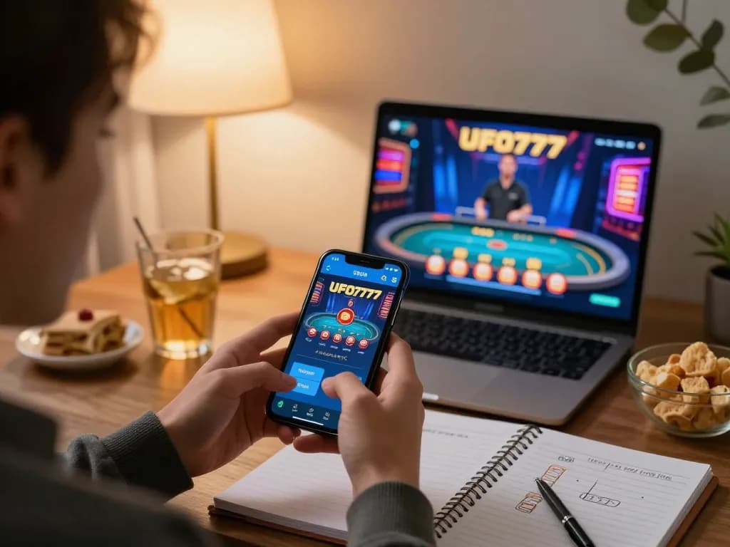 Engaged player using UFO777 app for live dealer gaming in a cozy home setting.