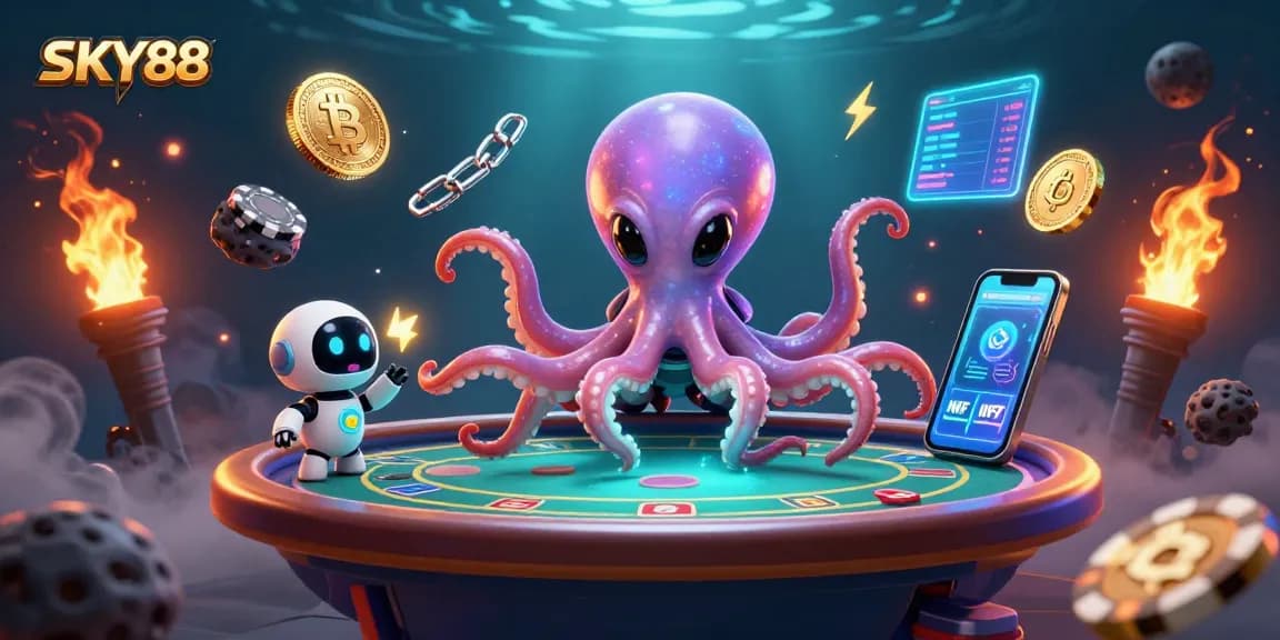 Engage in thrilling gameplay with SKY88, featuring an alien octopus at a holographic poker table.
