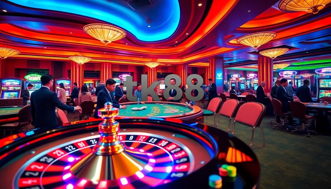 tk88 provides an exciting gambling experience at a luxury casino table with vibrant poker chips.