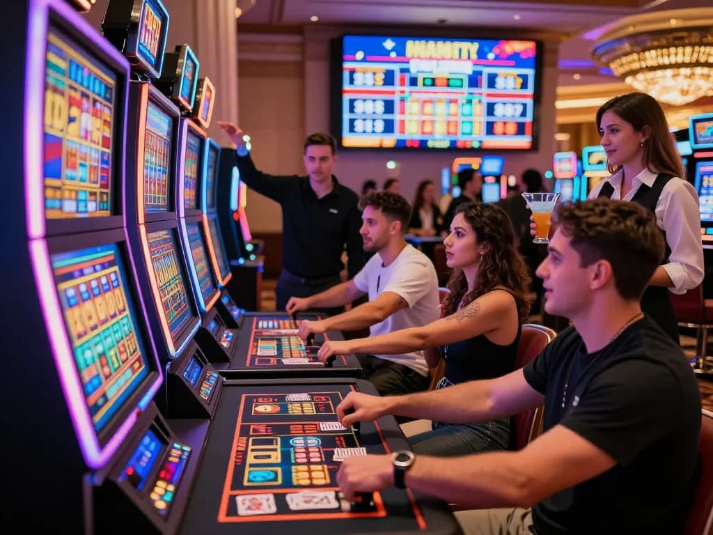 A group of friends enjoying the excitement of a link slot machine in a vibrant casino setting.