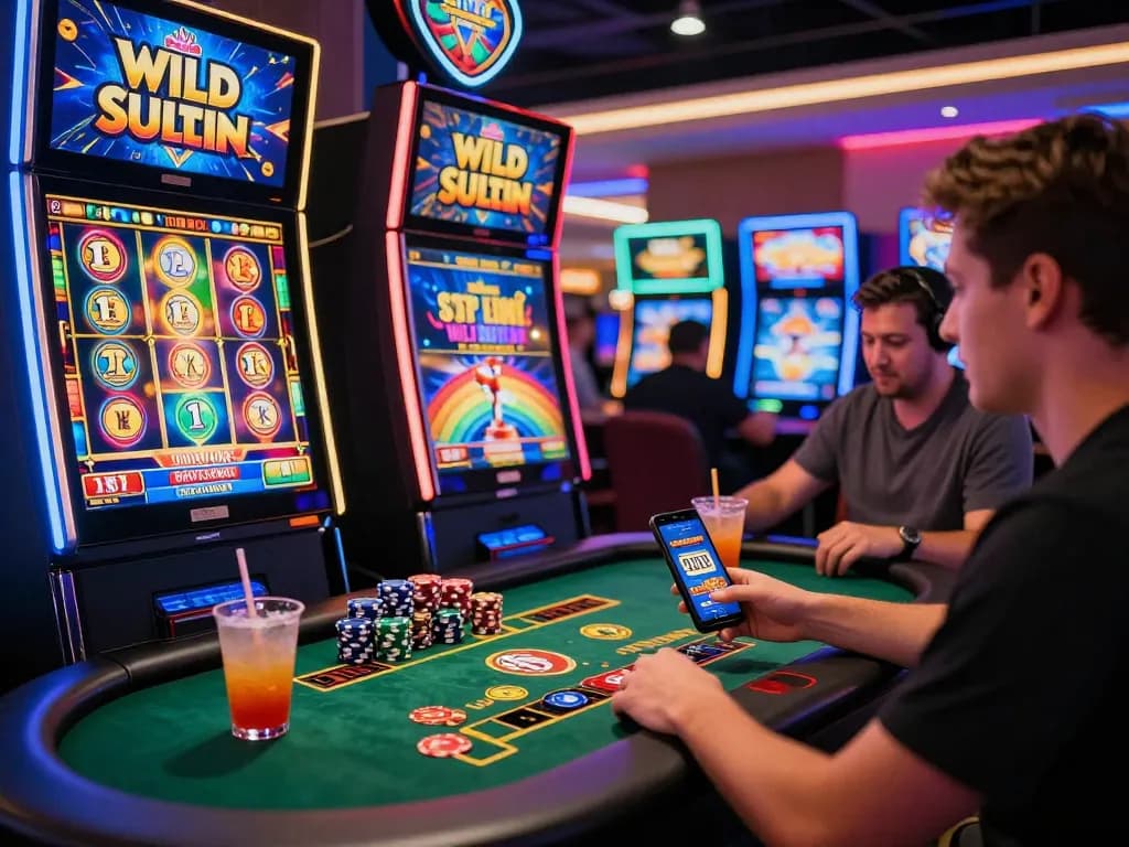 Engaging online casino gaming scene with code promo wild sultan displayed on phone, vibrant slot machines, and players enjoying live dealer games.