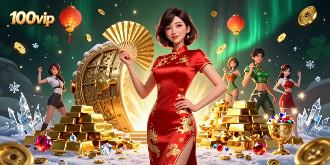 Experience thrilling wins at 100vip, surrounded by glamorous casino elements and precious treasures.