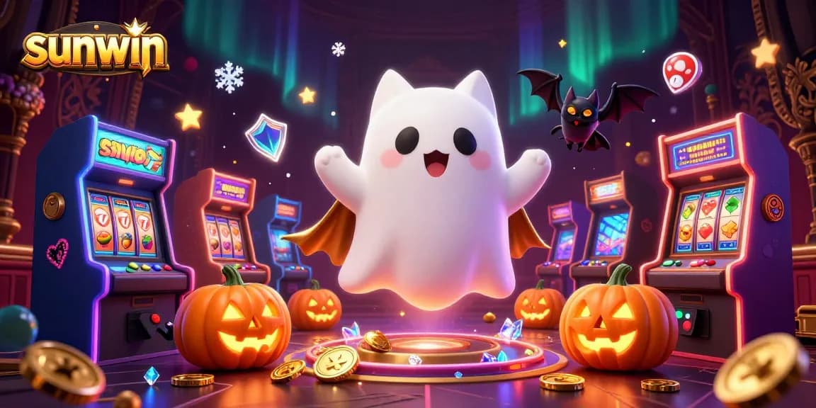 Engage in the thrilling sunwin casino adventure with a ghost cat and vampire bat amidst vibrant slot machines.