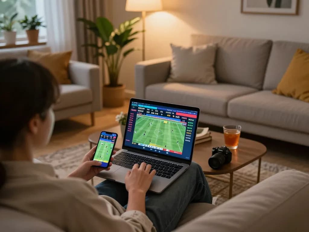 Person engaging in online sports betting on laptop and smartphone at home with MMOO casino.