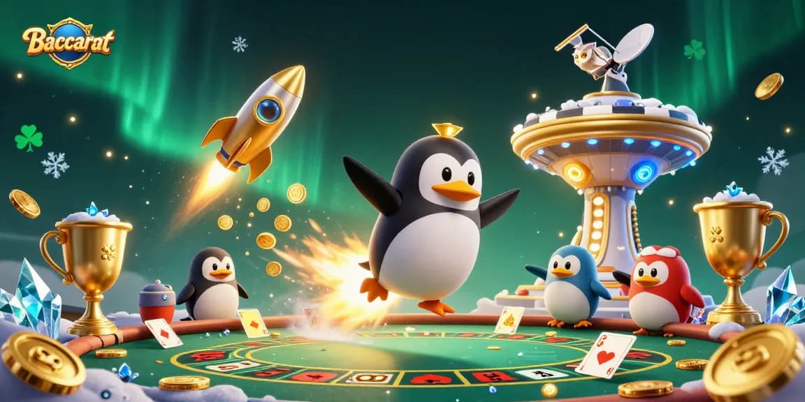 Baccarat table surrounded by vibrant elements, featuring a golden penguin and casino dynamics.