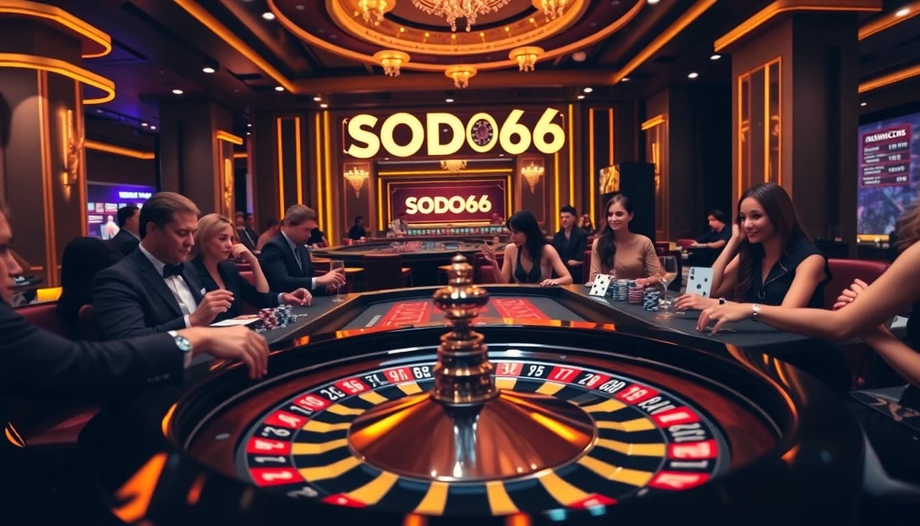 Players enjoying a SODO66 gaming table in a lively, luxurious casino environment.