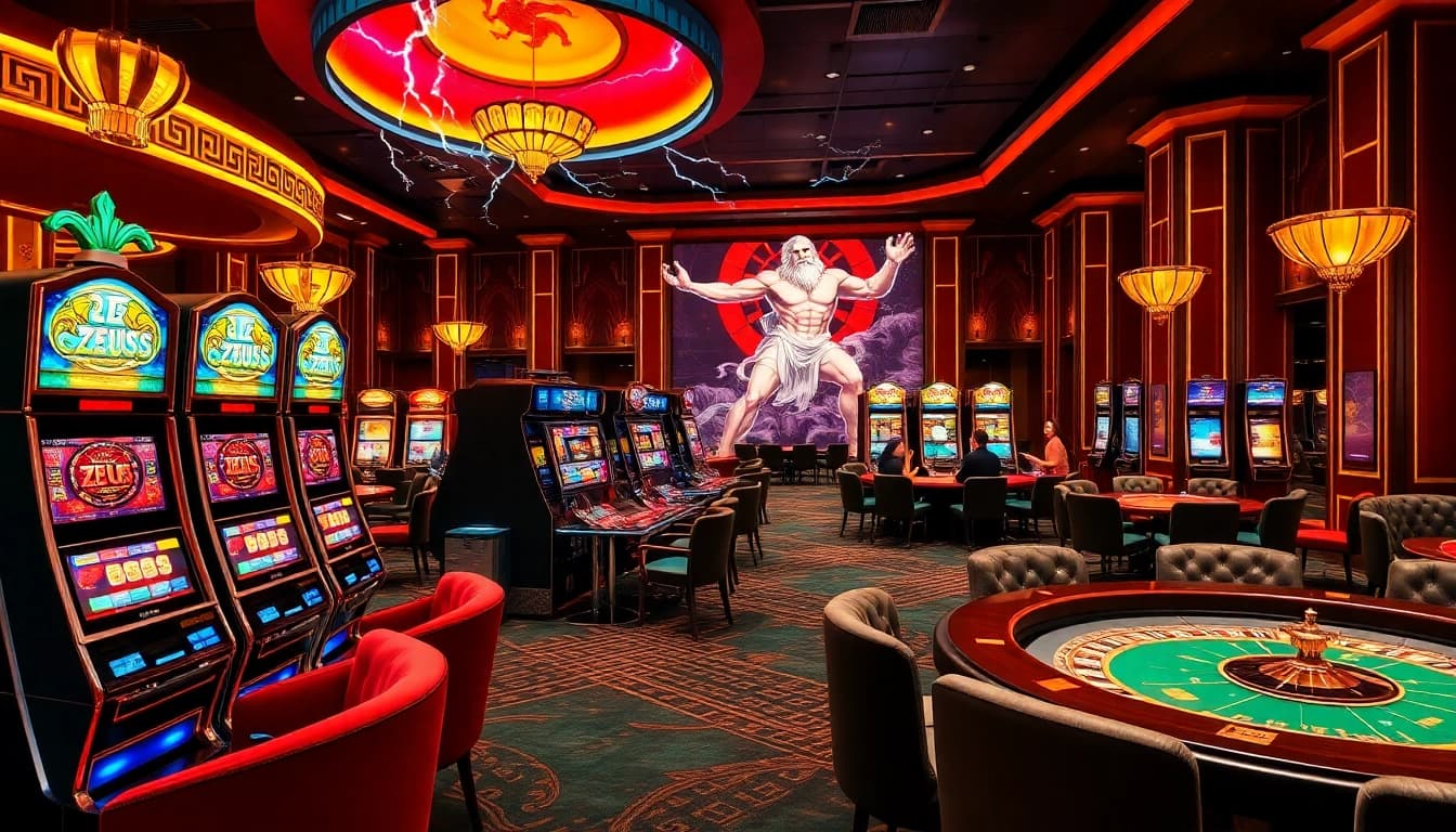 Pemain yang menang di mesin slot zeus dengan elemen permainan kasino yang berwarna-warni di sekitarnya.