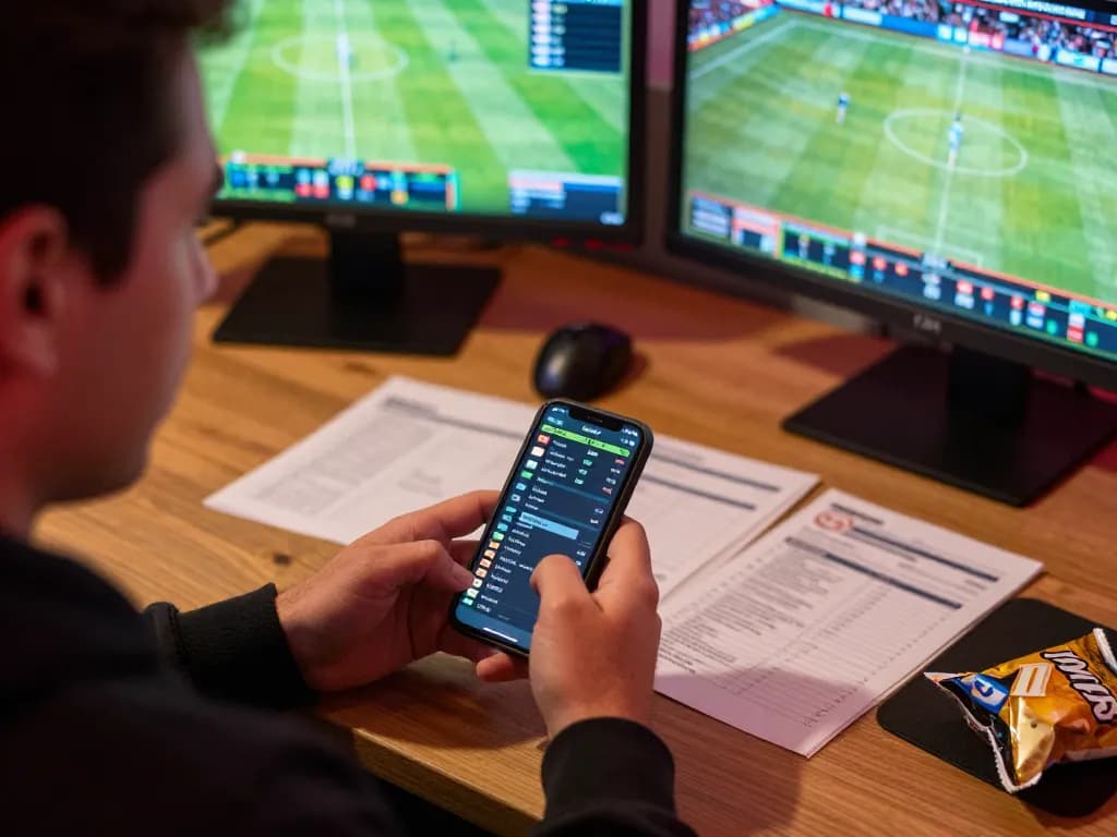 Person intensely monitoring KQBD live sports scores on smartphone during betting session.