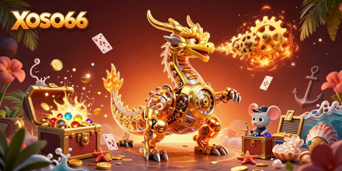 Experience thrilling gameplay at XOSO66 with a vibrant casino scene filled with golden treasures and lively characters.
