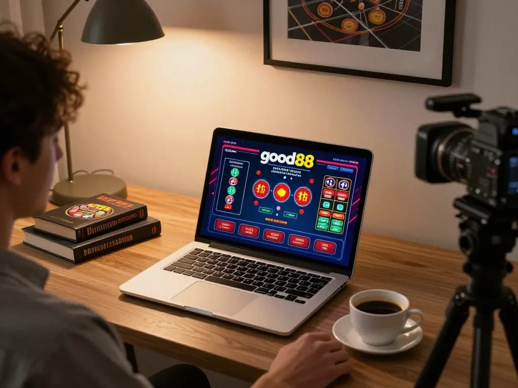 Enjoying a thrilling game at good88 online casino from a stylish home office.