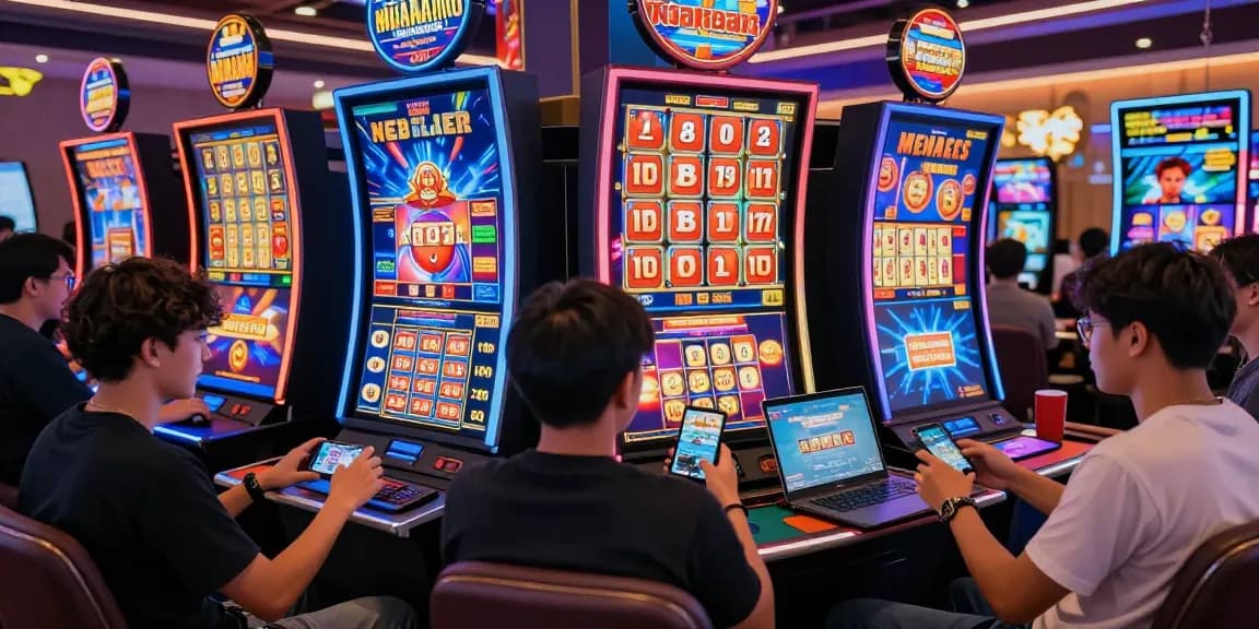 Engaged players enjoying ngamenjitu online gambling platform, celebrating wins in vibrant digital casino.
