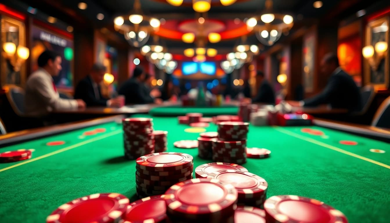 优塔赌场的扑克桌，色彩鲜明、氛围活跃，吸引玩家的注意。