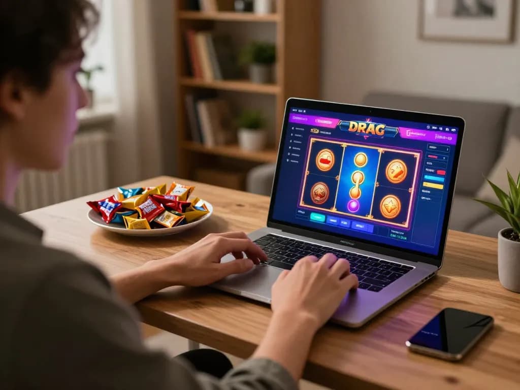 Player engaged in an exciting 68win slot game at home, vibrant interface on laptop screen.