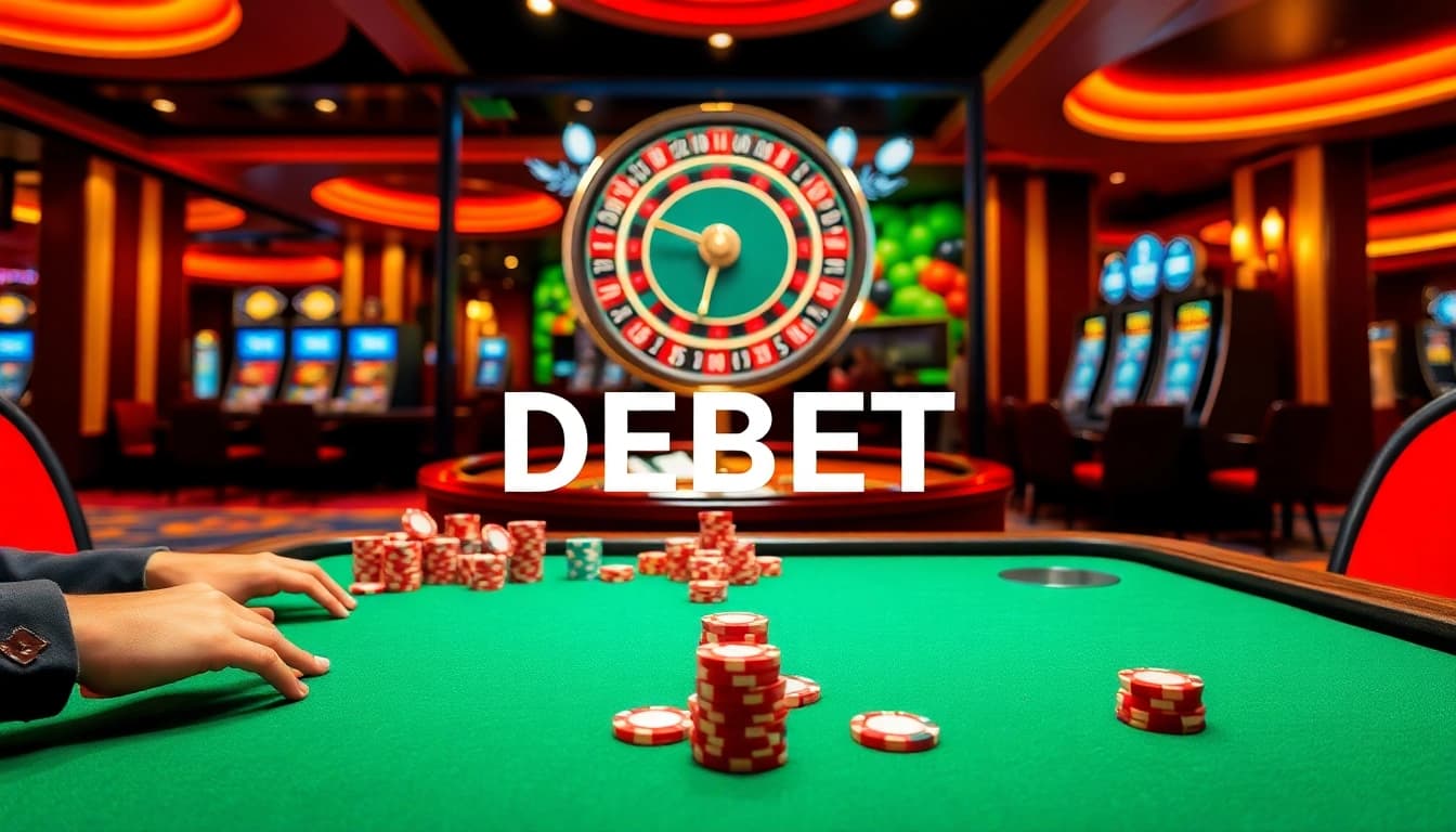 DEBET poker players intensify the game at a luxurious casino table.