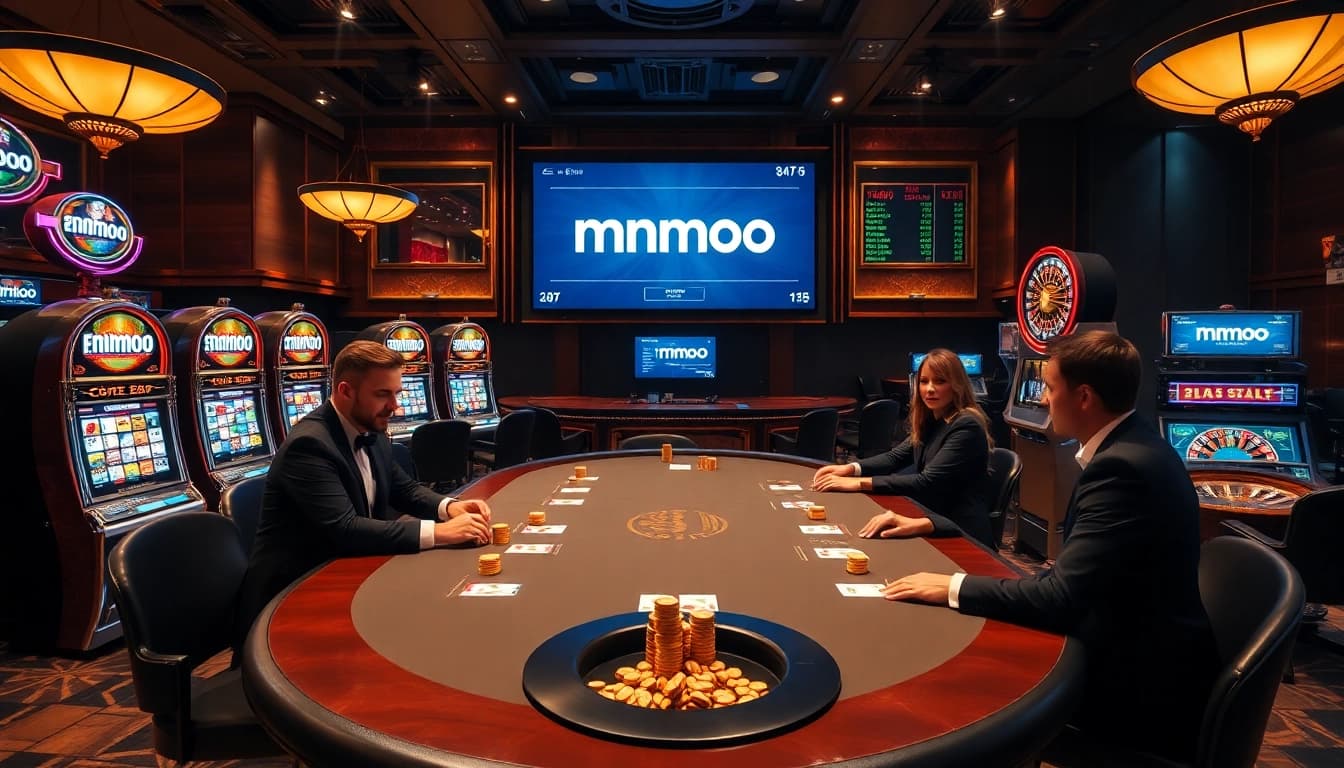 Players enjoying a high-stakes poker game at a luxurious casino featuring mmoo promotions and vibrant slot machines.