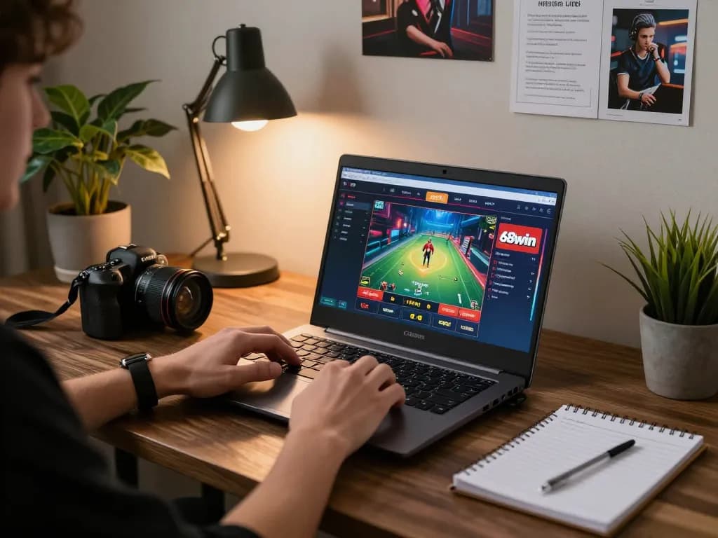 Player engaging in strategic online gaming at 68win casino with laptop and personalized setup