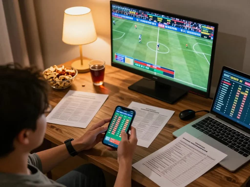 UK88 users actively engaging in sports betting from home with smartphone and laptop