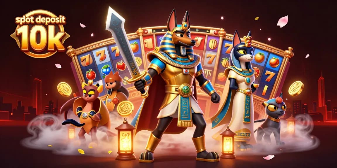 Engage with the thrilling slot deposit 10k scene featuring Anubis and Bastet amidst dynamic casino elements.