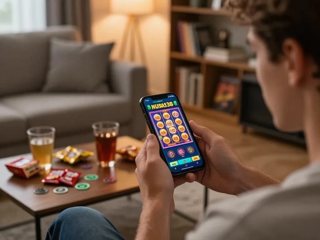 NUSA138 bermain di smartphone di ruang tamu yang nyaman, pemain terlibat dengan slot online.