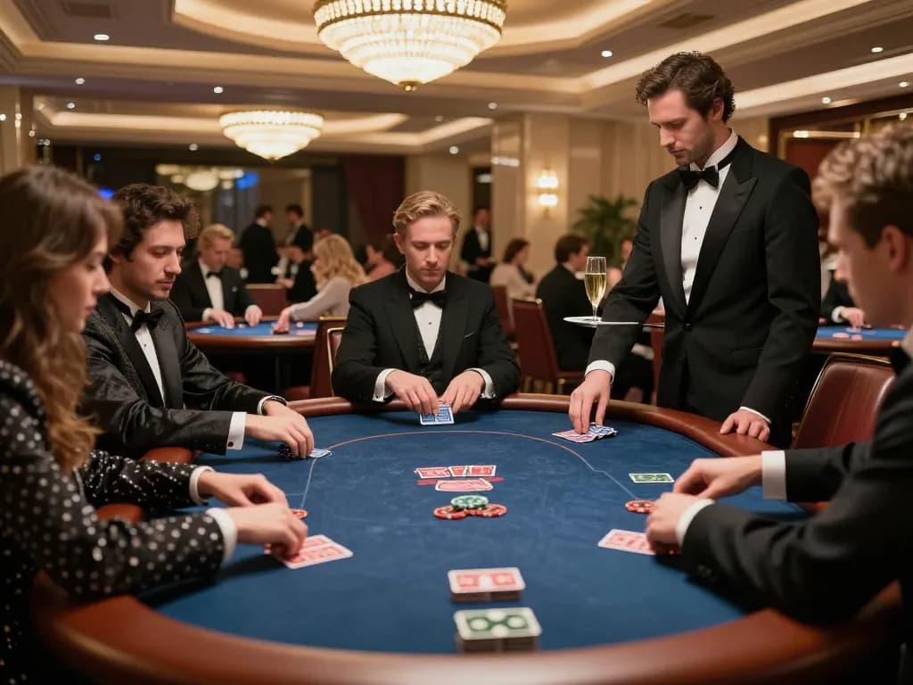 FABET VIP gaming area featuring serious poker players and champagne service in a luxurious setting