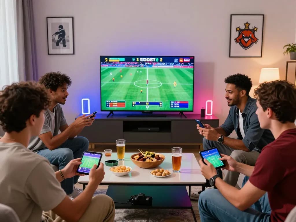 SBOBET88 gaming scene with friends excitedly betting on live sports.