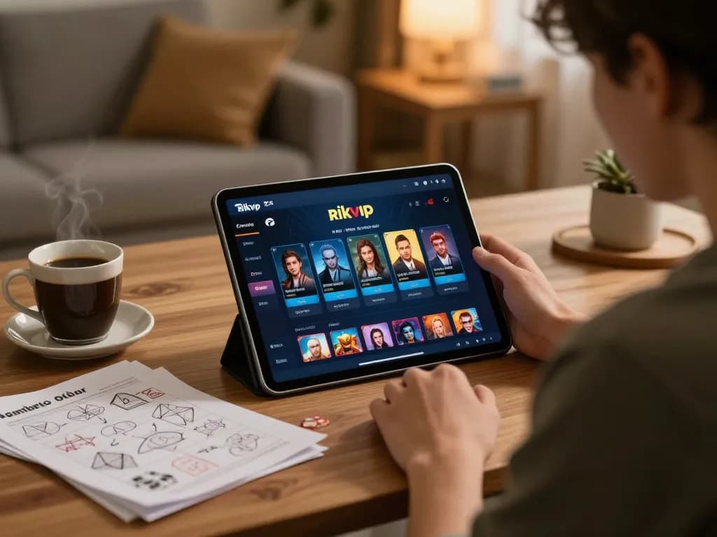 Engaged player using the rikvip app for online gambling from a cozy home workspace