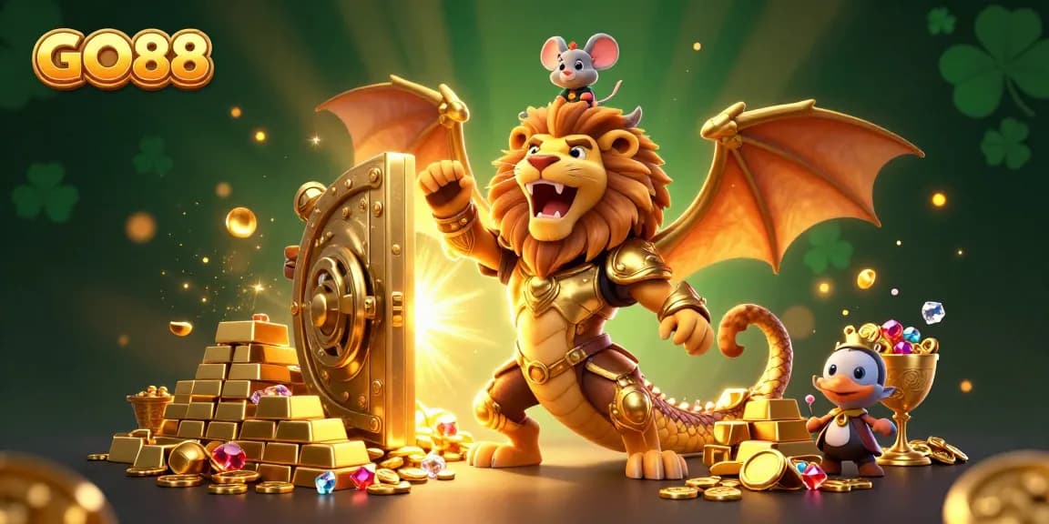 Experience the GO88 adventure with a roaring chimera and treasure in an online casino atmosphere