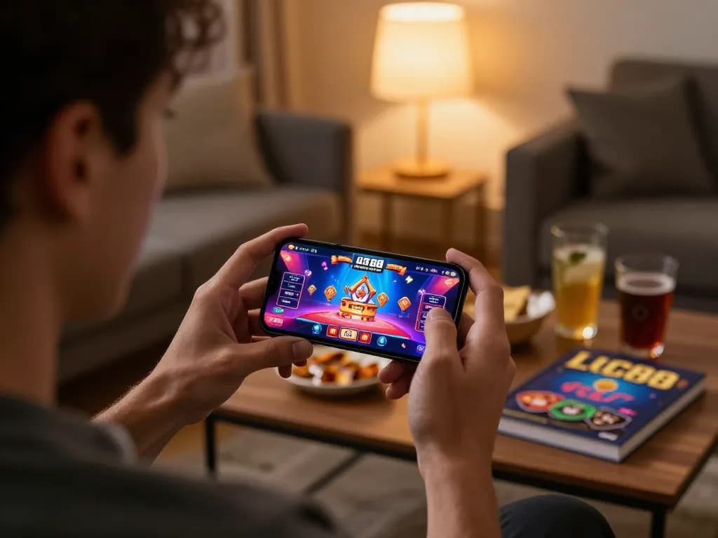 Engaging in the LC88 game app on smartphone, showcasing vibrant graphics and cozy atmosphere.