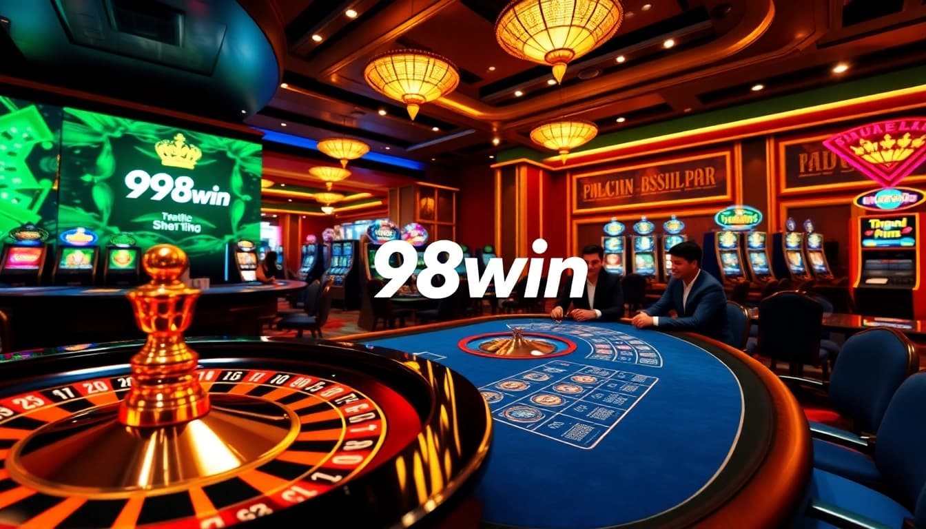 Experience the excitement of gambling with 98win at a luxurious casino table featuring poker chips and slot machines.