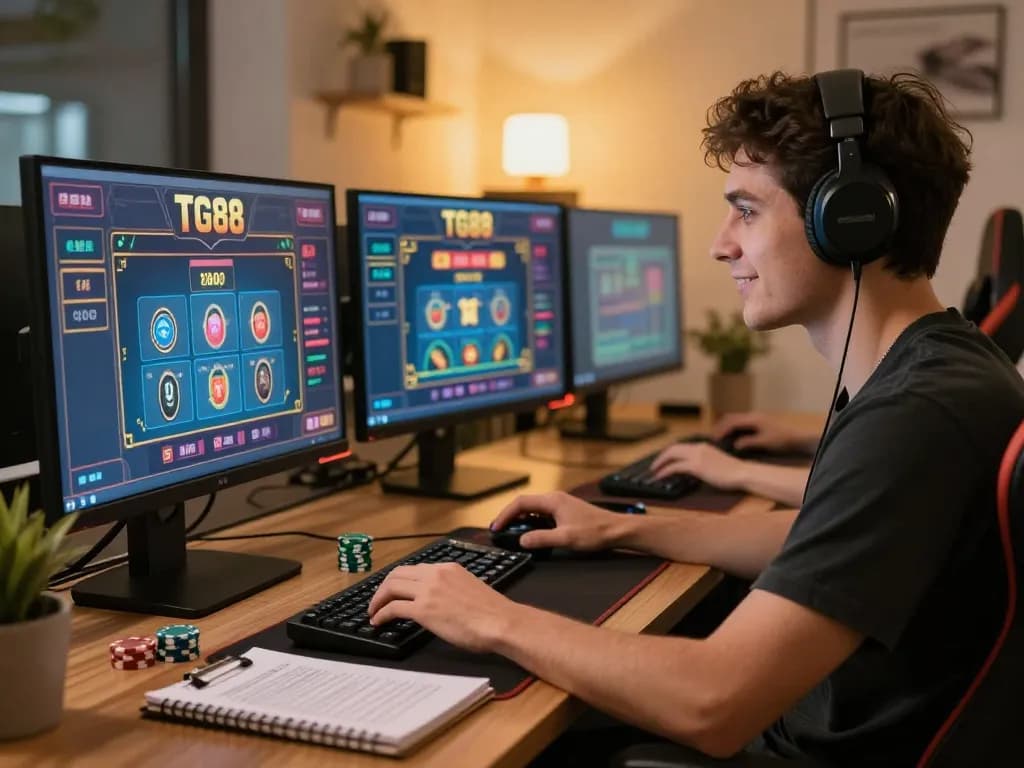 Tg88 game enthusiast engaging with online casino on multiple screens in a cozy, stylish workspace.