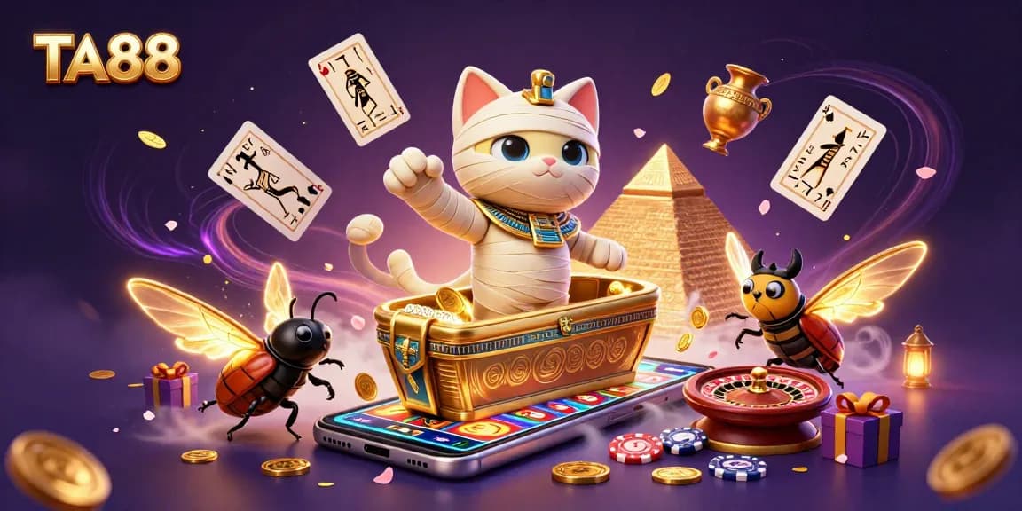 TA88 invites players into vibrant 3D casino action featuring mummy cat and golden scarab.