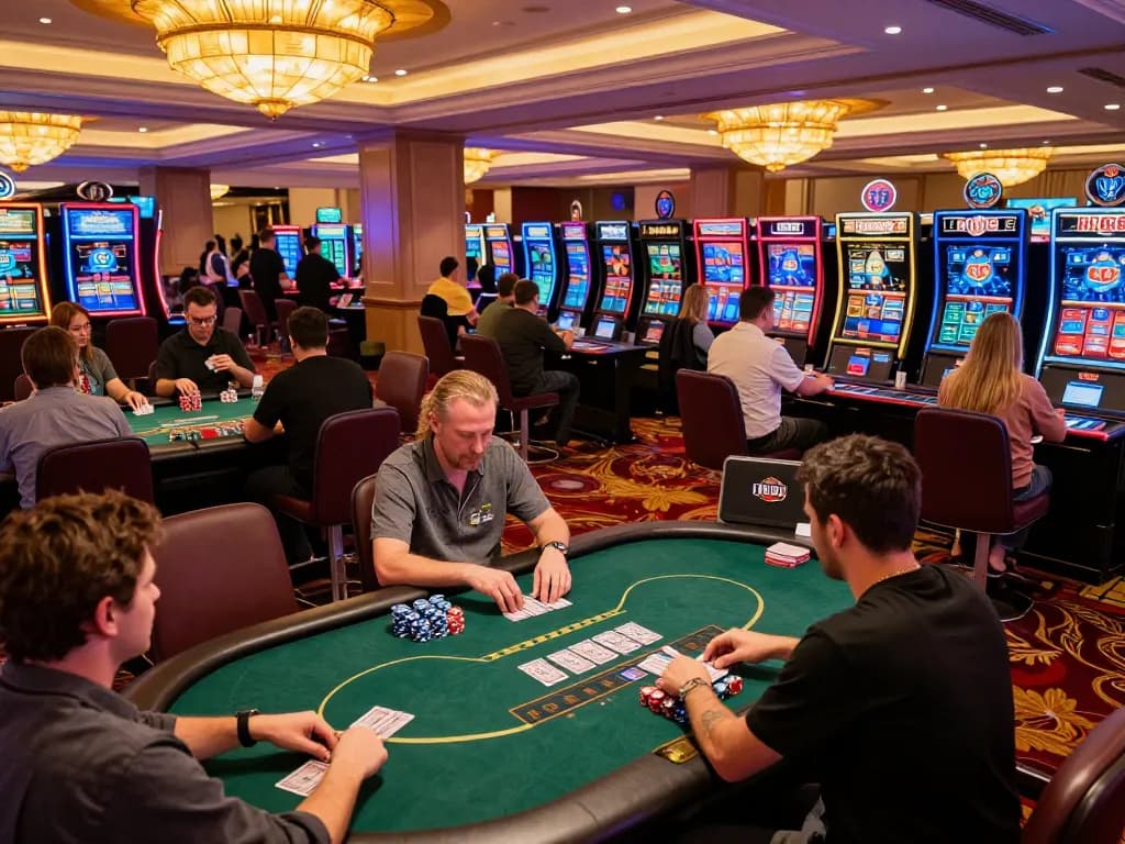 hb88 gaming excitement with players at poker tables, vibrant casino atmosphere