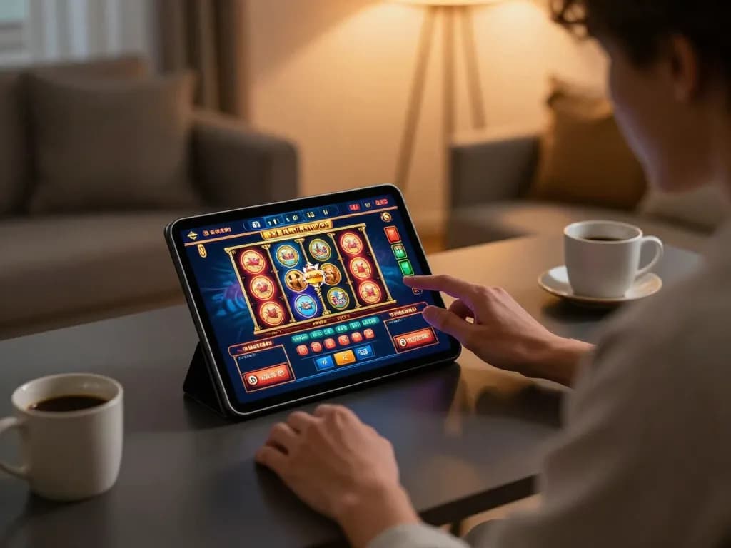 Player enjoying Wstar77 slots on a tablet in a cozy home setting, engaging in dynamic online gaming.