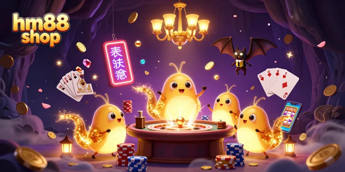 Experience the glow of hm88shop's vibrant casino with animated glowworms and sparkling gems.