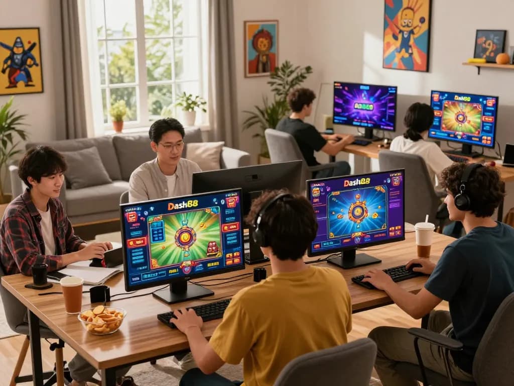 Engaged gamers enjoying Dash88 online slots on various devices in a vibrant home setting, highlighting the excitement of 2026.