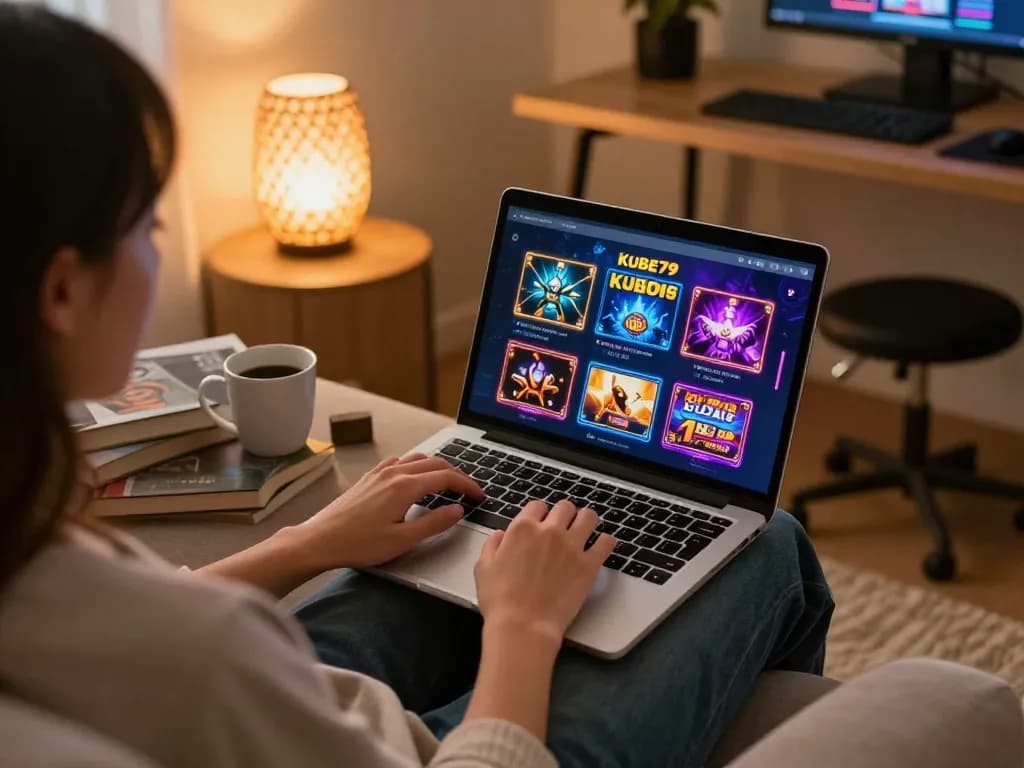 Player engaging with kubet79 casino app on laptop, showcasing vibrant online gaming experience.