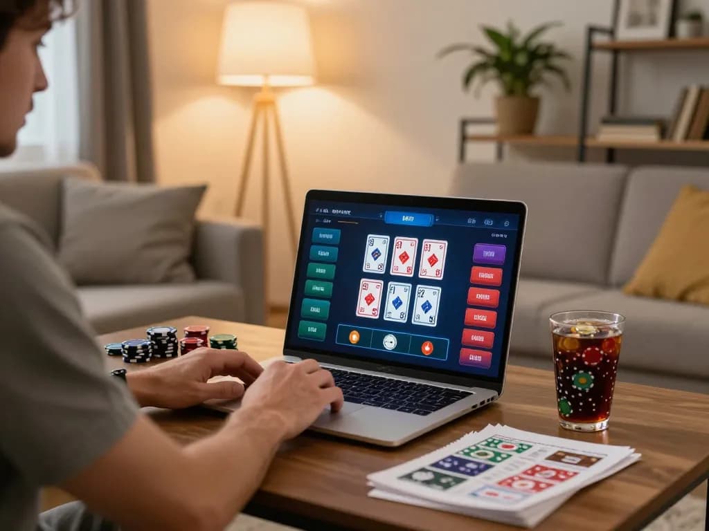 Player analyzing a hand while enjoying online poker on SC88 in a cozy home setting, reflecting strategic gaming.