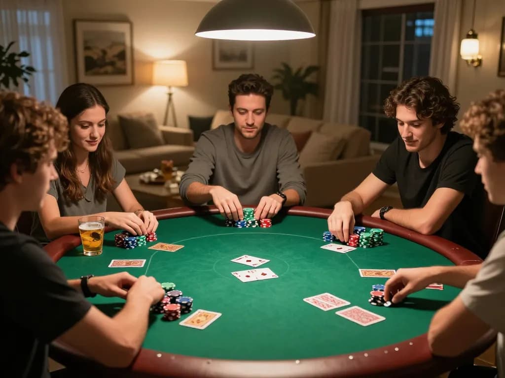 Players enjoy a lively poker night at home with MB66-themed chips and cards.