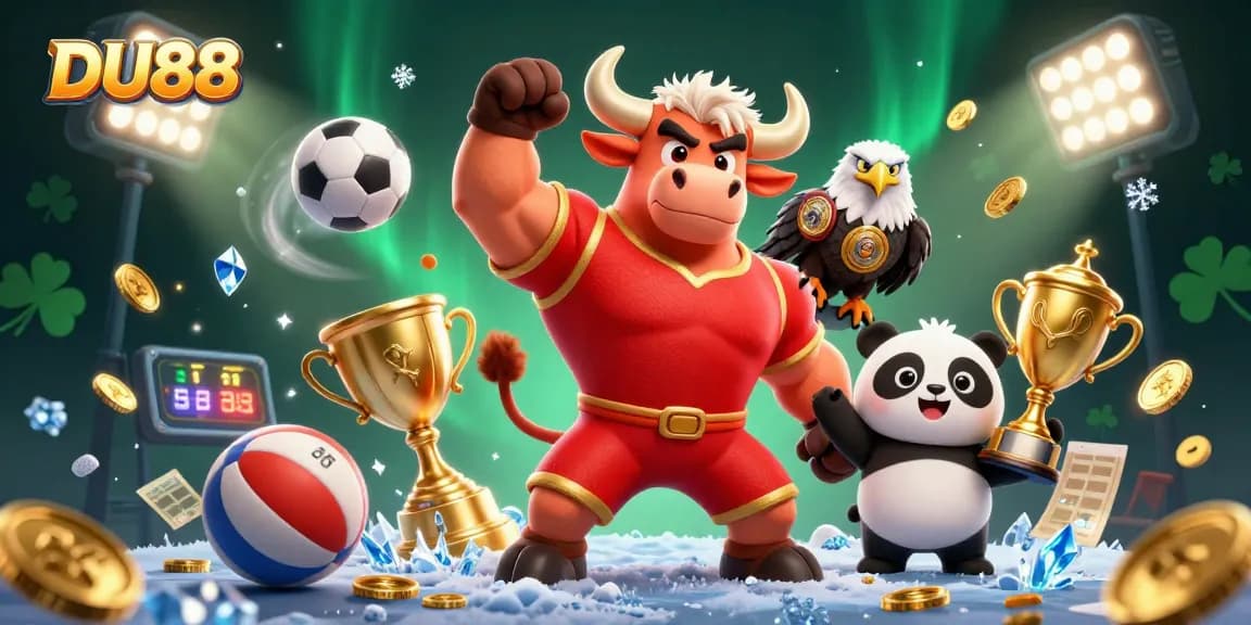 Win big at DU88 with a dynamic scene of a bull mascot and friends celebrating with sports balls and trophies.
