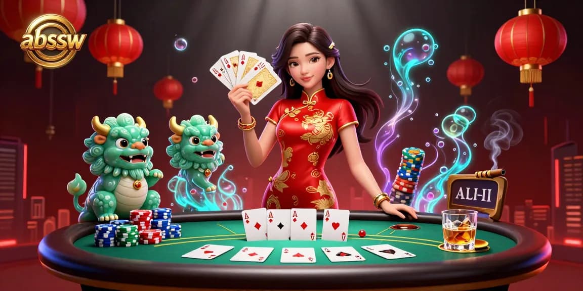 Abssw poker scene featuring an elegant woman in qipao, jade lion guardian, and vibrant game elements.