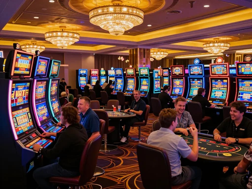 KUBET players enjoying dynamic slot machine action in a vibrant casino atmosphere