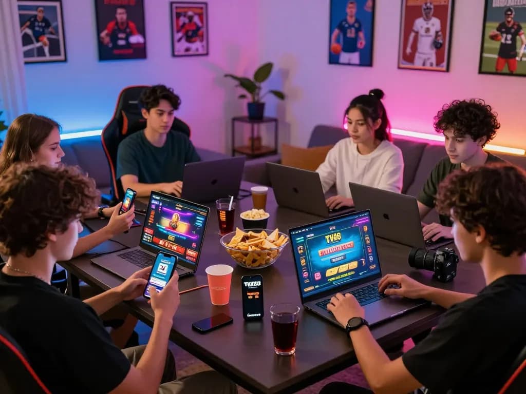 Engaging scene showing a group enjoying online gaming with TV88 link interfaces on their devices, creating an exciting atmosphere.