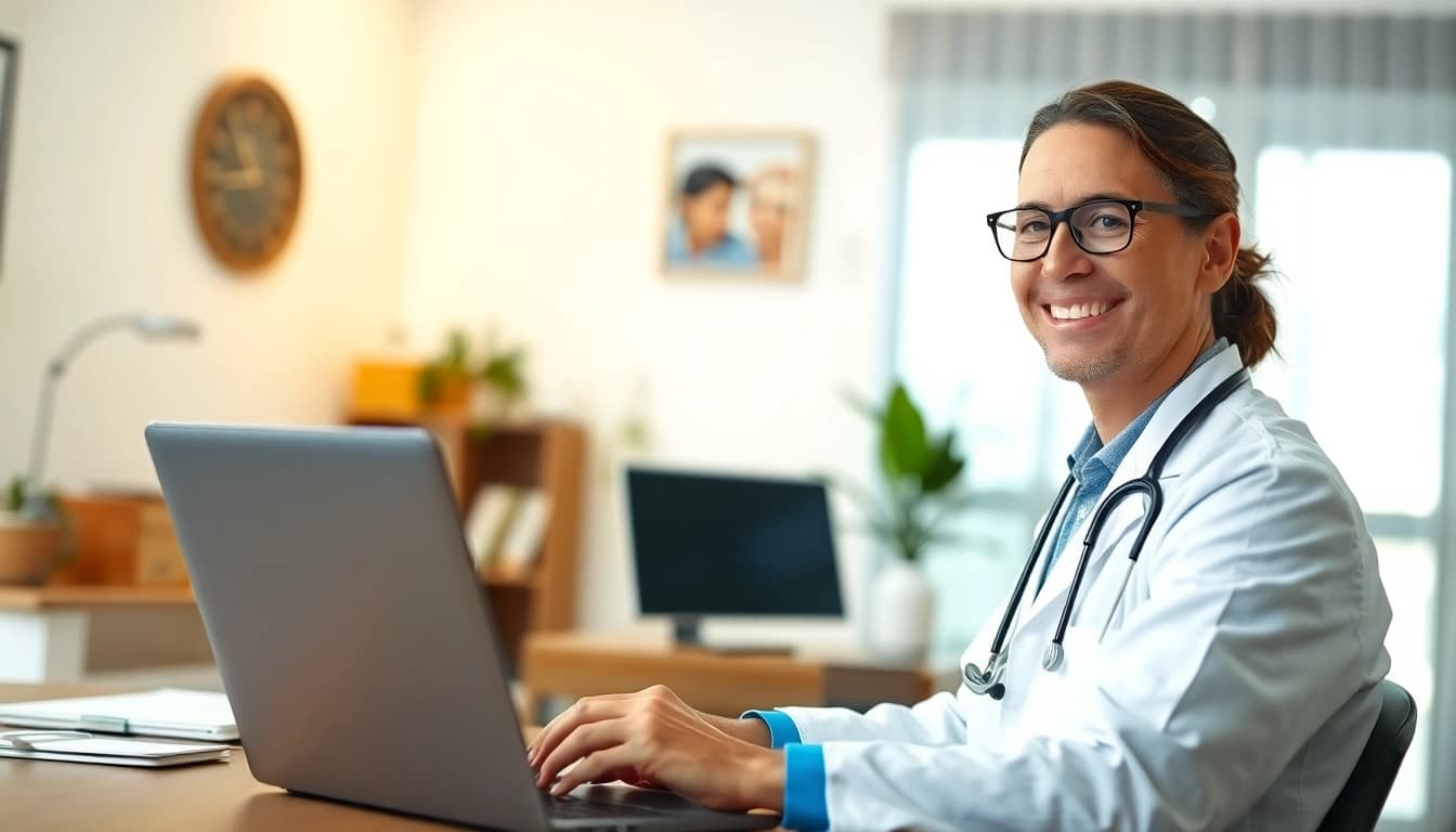 Engage in a video consultation to chat with a doctor online now, showcasing a friendly, professional atmosphere.
