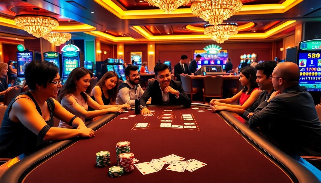 SX88 players enjoying a thrilling game at a luxury casino table, with vibrant chips and cards.
