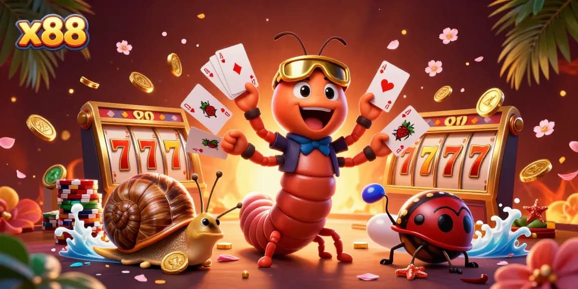 X88 players enjoying a vibrant casino atmosphere with a millipede dealer and dynamic game elements.