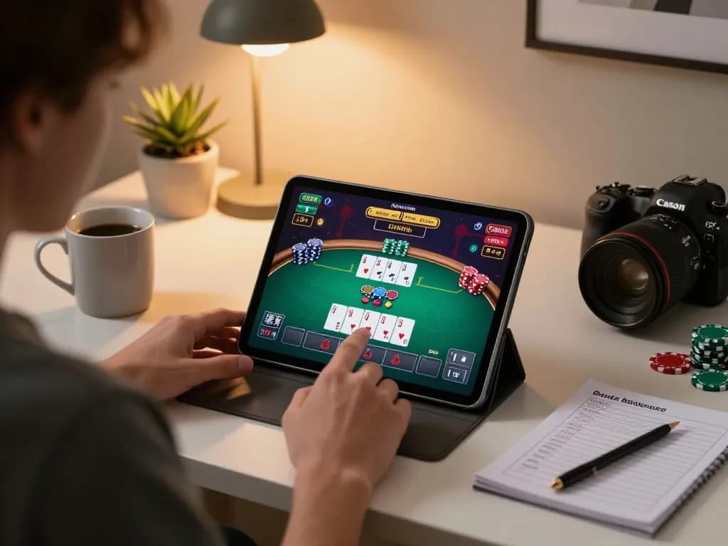 Player engaging in mobile gambling on rikvip with a tablet at a stylish desk.