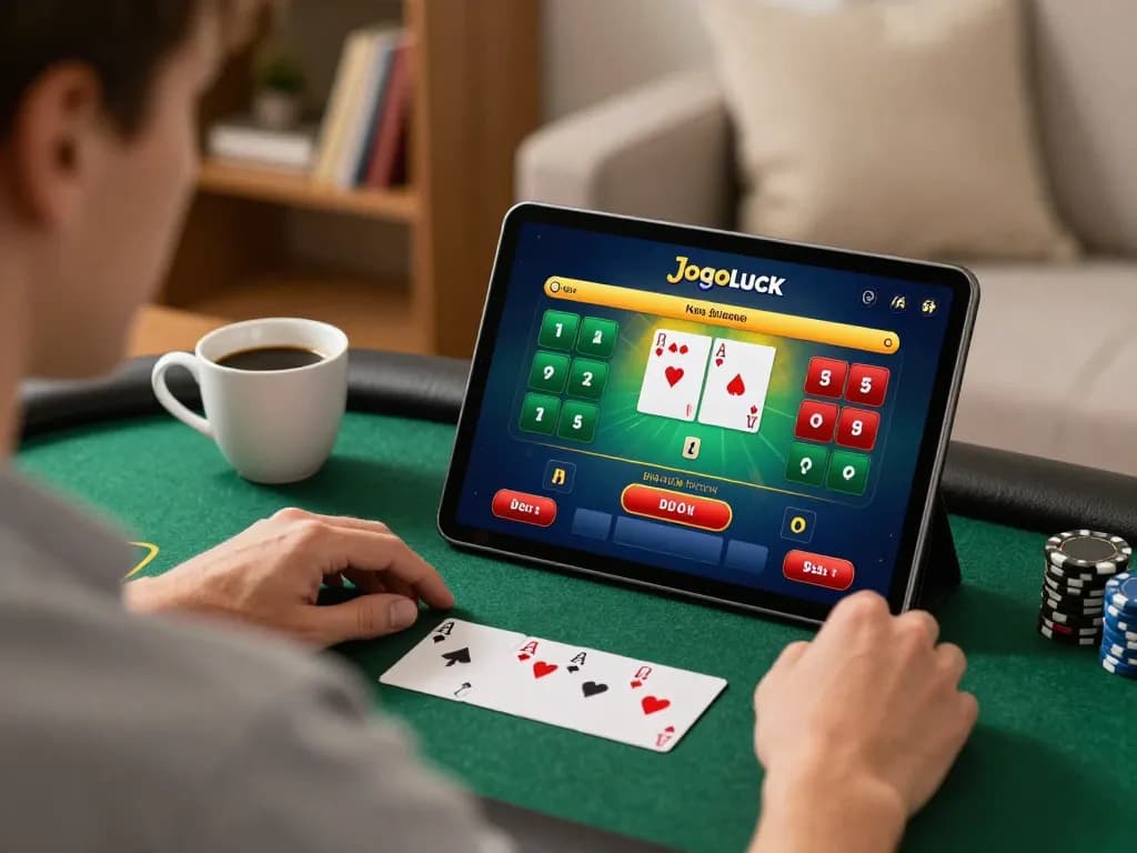 Engaging poker gameplay on Jogoluck's online platform with cozy home setup and strategic atmosphere.