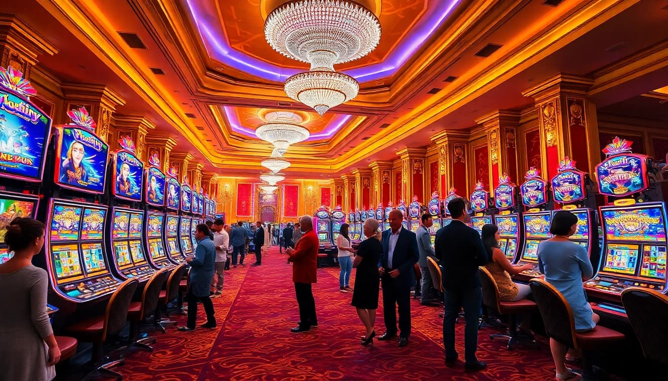 Engaged players enjoying exciting PGSLOT games in a luxurious casino setting.