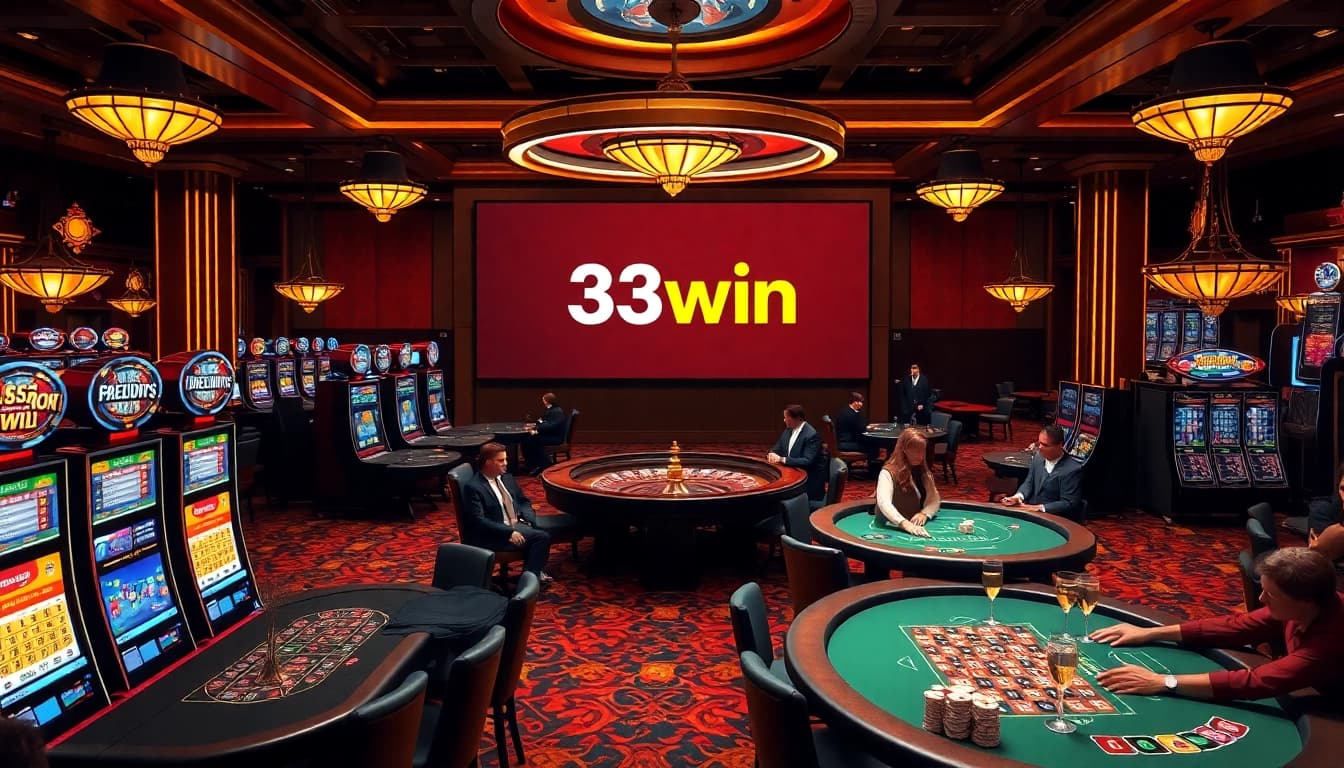 Players enjoying a thrilling casino experience at 33win with vibrant slot machines and poker chips.