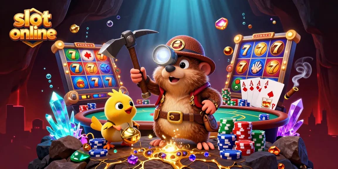 Spin the reels of exciting slot online games as a treasure hunter mole discovers wealth in vibrant casino graphics.